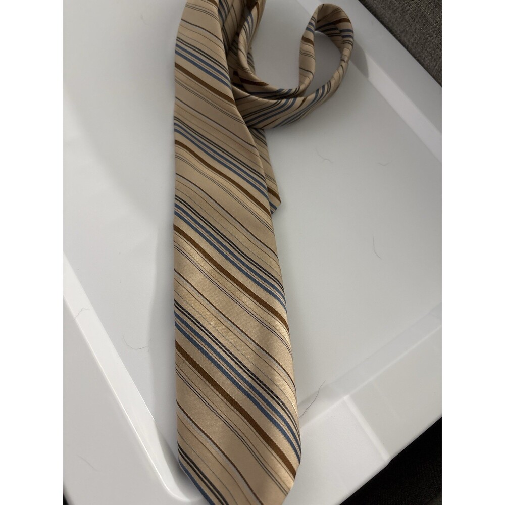Carter Holmes Silk Tie Champagne Gold with Blue & Brown Stripes Classic